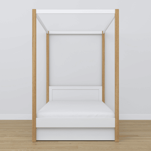 Cama individual de madeira com dossel e gaveta N02 branco e carvalho