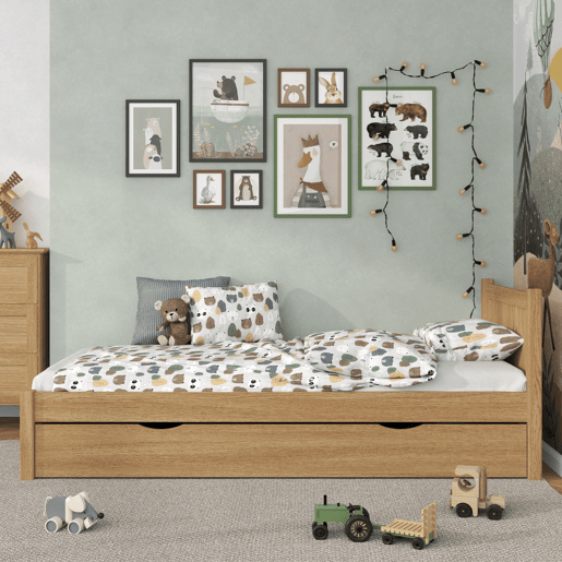 Cama individual de carvalho com gaveta N02 carvalho natural