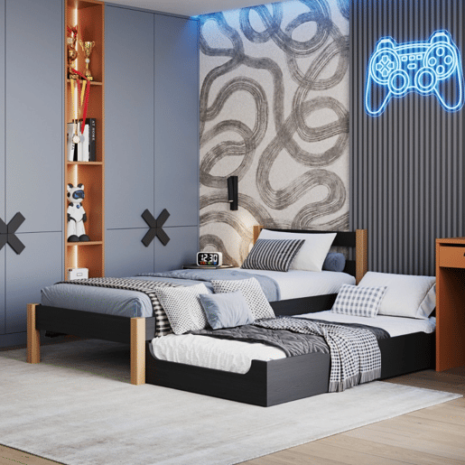 Cama individual de madeira com gaveta para colchão N01 preto e carvalho