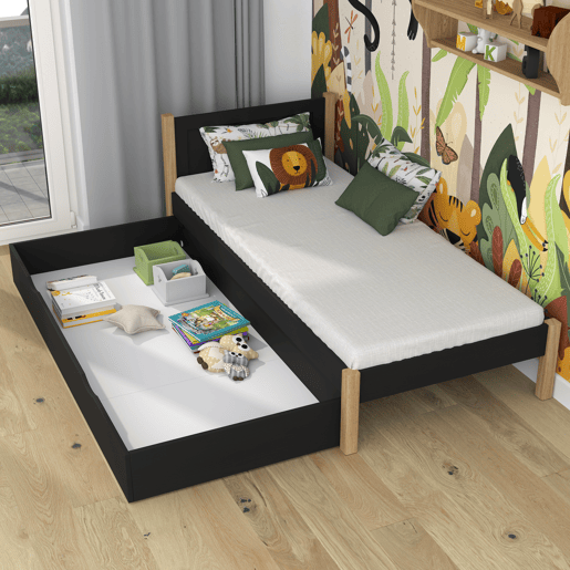 Cama individual de madeira com gaveta N02 preto e carvalho