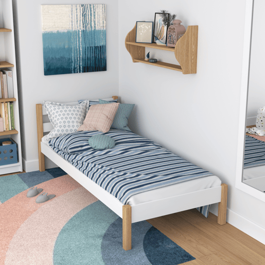 Cama individual de madeira N01 branco e carvalho