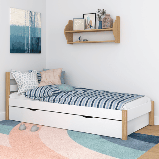 Cama individual de madeira com gaveta N01 branco e carvalho Cama individual de madeira com gaveta N01 branco e carvalho