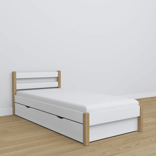 Cama individual de madeira com gaveta N01 branco e carvalho Cama individual de madeira com gaveta N01 branco e carvalho