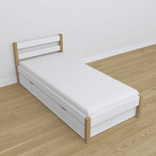 Cama individual de madeira com gaveta N01 branco e carvalho Cama individual de madeira com gaveta N01 branco e carvalho