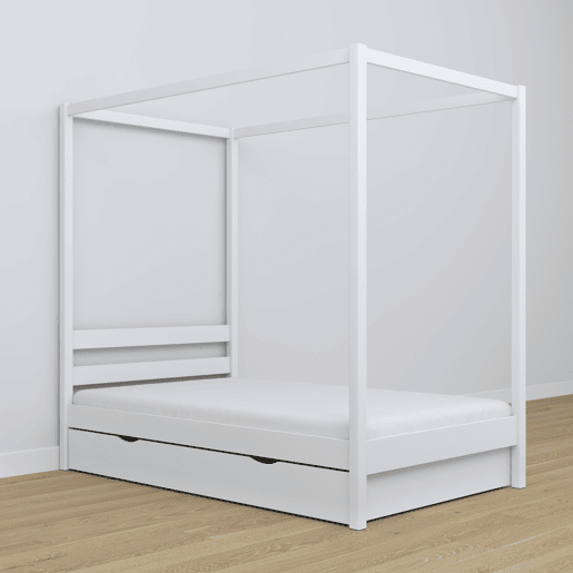 Cama individual de madeira com dossel e gaveta N01 branco