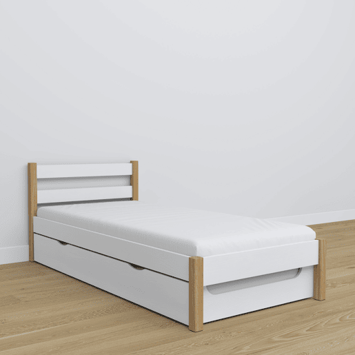 Cama individual de madeira com gaveta para colchão N01 branco e carvalho