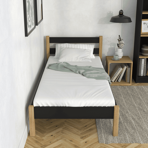 Cama individual de madeira N01 preto e carvalho