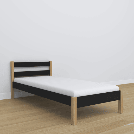 Cama individual de madeira N01 preto e carvalho