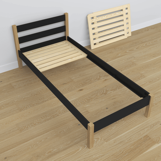 Cama individual de madeira N01 preto e carvalho