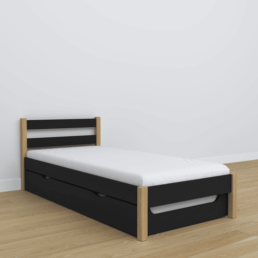 Cama individual de madeira com gaveta para colchão N01 preto e carvalho