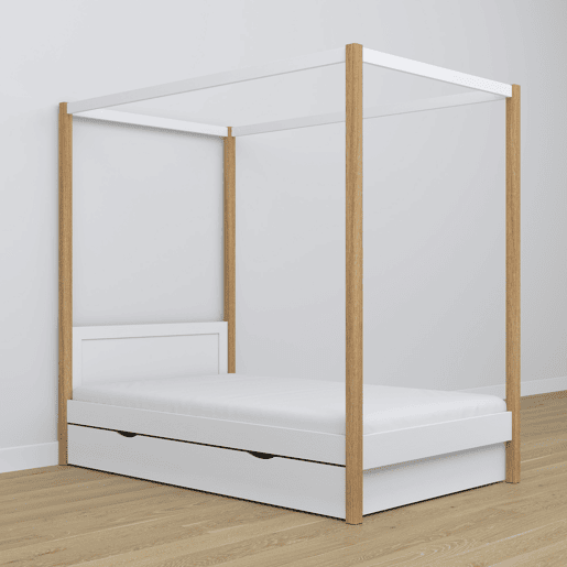 Cama individual de madeira com dossel e gaveta N02 branco e carvalho Cama individual de madeira com dossel e gaveta N02 branco e carvalho