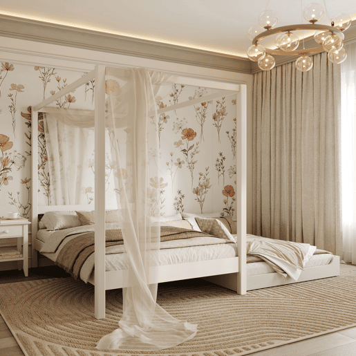 Cama individual de madeira com dossel e gaveta para colchão extra N01 branco