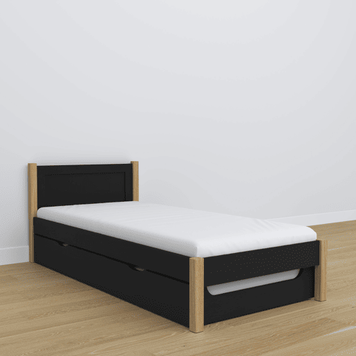 Cama individual com gaveta para colchão N02 preto e carvalho