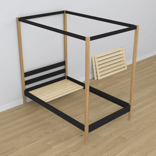 Cama individual de madeira com dossel N01 preto e carvalho