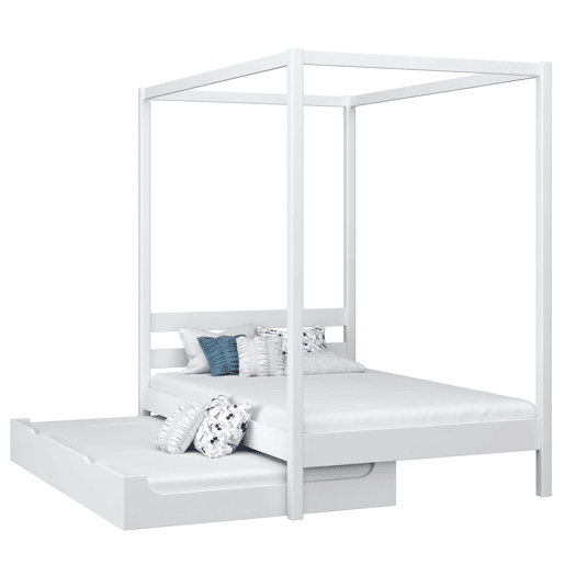 Cama individual de madeira com dossel e gaveta para colchão extra N01 branco