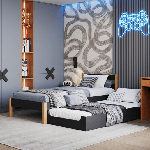 Cama individual de madeira com gaveta para colchão N01 preto e carvalho