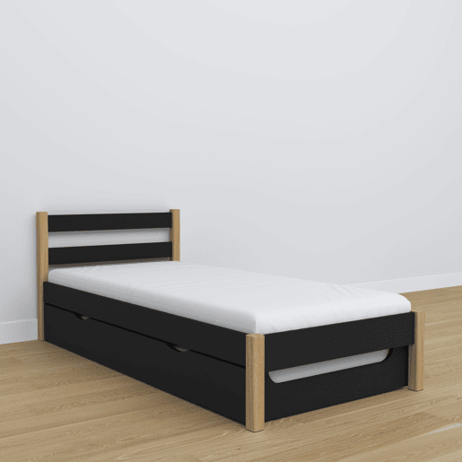 Cama individual de madeira com gaveta para colchão N01 preto e carvalho