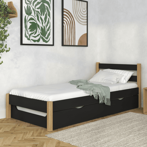 Cama individual de madeira com gaveta para colchão N01 preto e carvalho