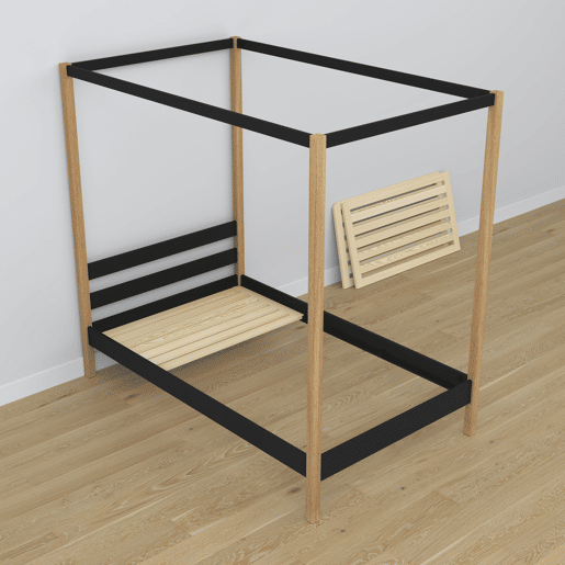Cama individual de madeira com dossel e gaveta para colchão extra N01 preto e carvalho