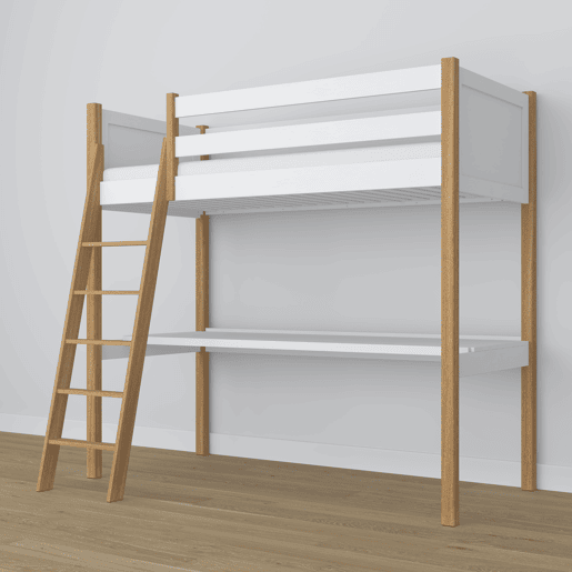 Cama alta de madeira com secretária N04 branco e carvalho Cama alta de madeira com secretária N04 branco e carvalho