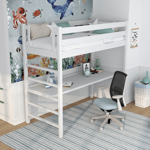 Cama alta de madeira com secretária N01 branco Cama alta de madeira com secretária N01 branco