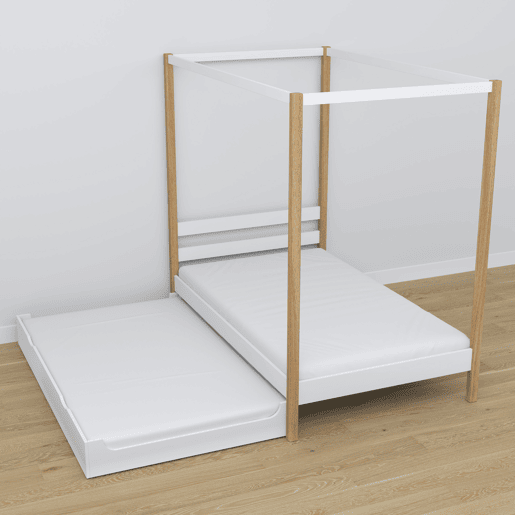 Cama individual de madeira com dossel e gaveta para colchão extra N01 branco e carvalho