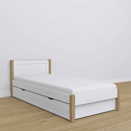 Cama individual de madeira com gaveta N02 branco e carvalho Cama individual de madeira com gaveta N02 branco e carvalho
