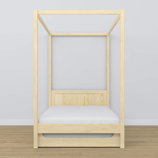 Cama individual de madeira com dossel e gaveta para colchão extra N02 pinho incolor