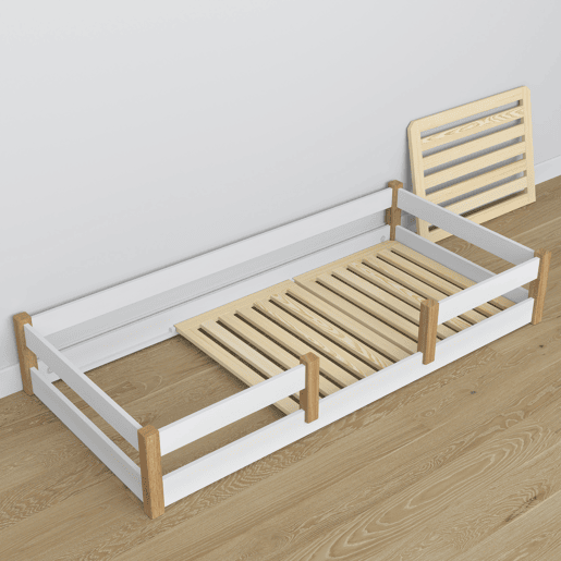 Cama baixa de madeira N01 branco e carvalho