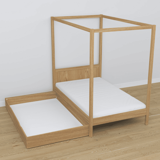 Cama individual de carvalho com dossel e gaveta N02 carvalho natural