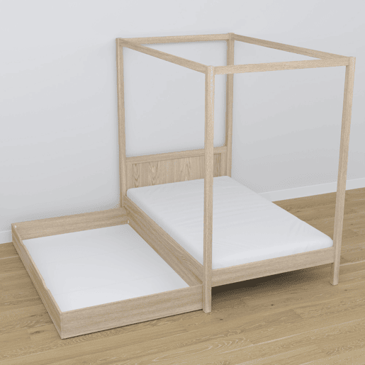 Cama individual de carvalho com dossel e gaveta N02 carvalho branqueado