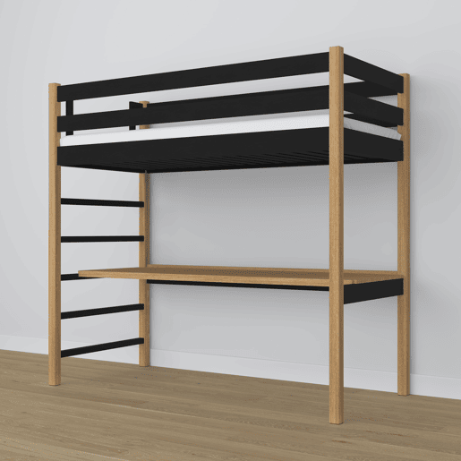 Cama alta de madeira com secretária N01 preto e carvalho