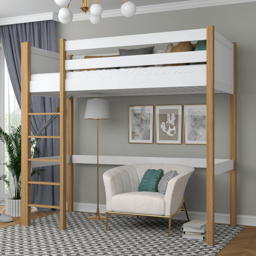 Cama alta de madeira N06 branco e carvalho