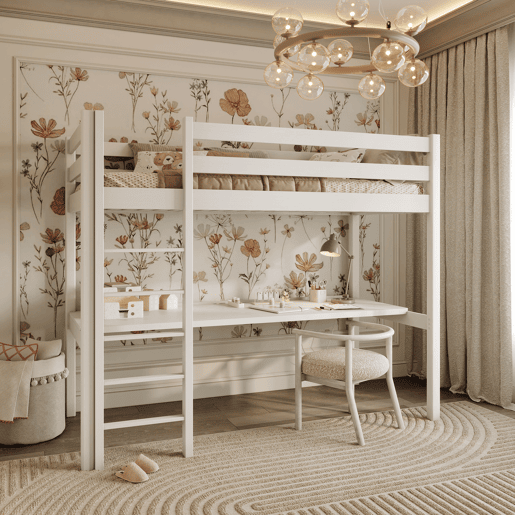 Cama alta de madeira com secretária N05 branco