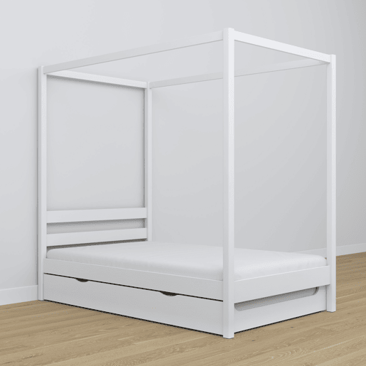 Cama individual de madeira com dossel e gaveta para colchão extra N01 branco