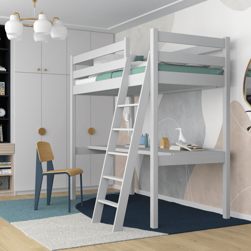 Cama alta de madeira com secretária N03 cinza
