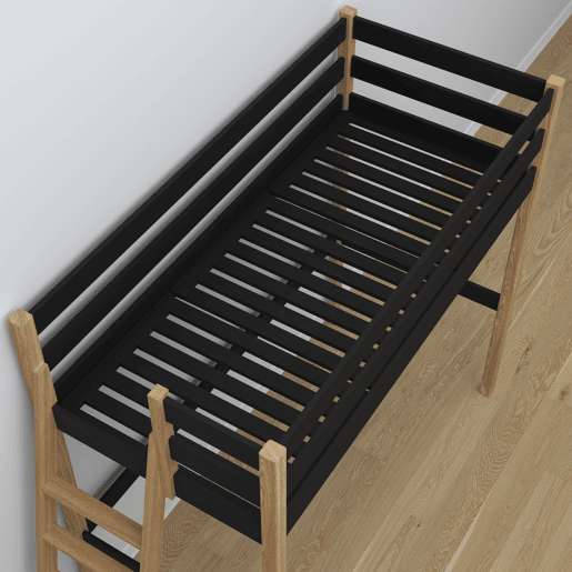 Cama alta de madeira N02 preto e carvalho