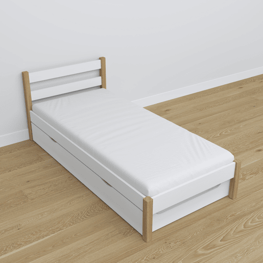 Cama individual de madeira com gaveta para colchão N01 branco e carvalho