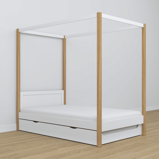 Cama individual de madeira com dossel e gaveta para colchão extra N02 branco e carvalho