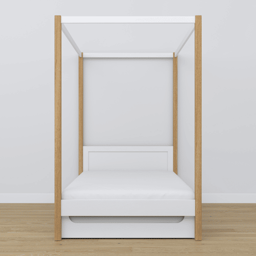 Cama individual de madeira com dossel e gaveta para colchão extra N02 branco e carvalho