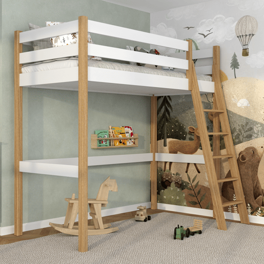 Cama alta de madeira N03 branco e carvalho Cama alta de madeira N03 branco e carvalho