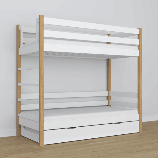 Beliche de madeira com gaveta para colchão N03 branco e carvalho