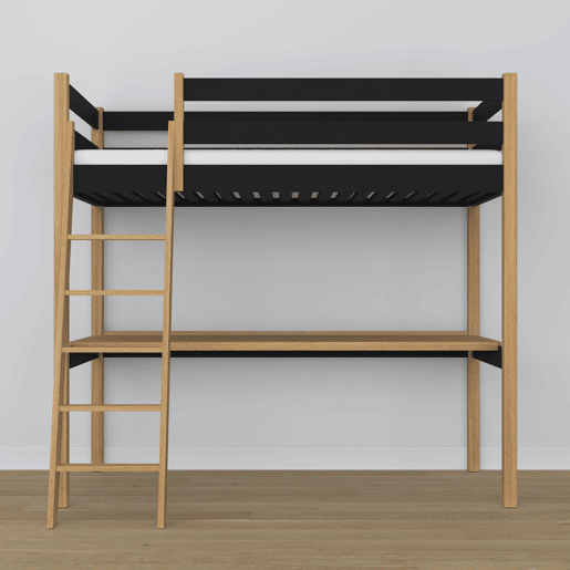 Cama alta de madeira com secretária N03 preto e carvalho