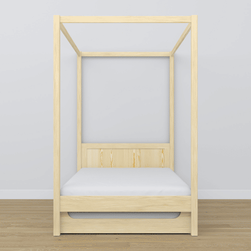 Cama individual de madeira com dossel e gaveta para colchão extra N02 pinho incolor