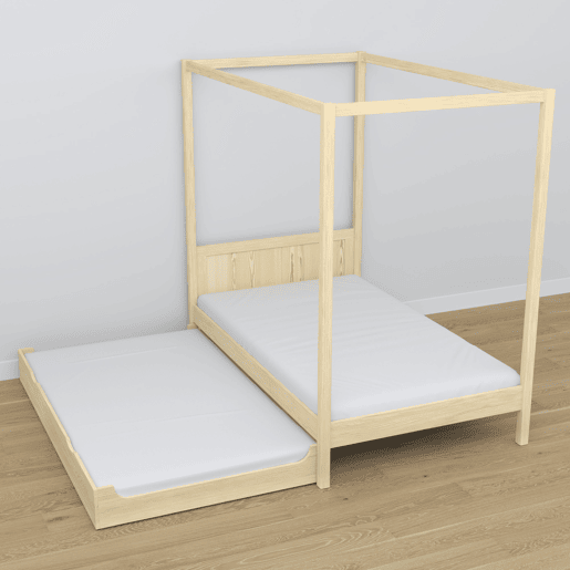 Cama individual de madeira com dossel e gaveta para colchão extra N02 pinho incolor