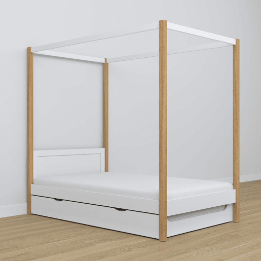 Cama individual de madeira com dossel e gaveta para colchão extra N02 branco e carvalho