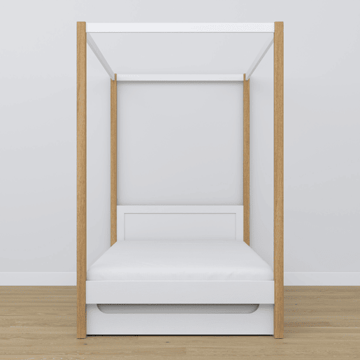 Cama individual de madeira com dossel e gaveta para colchão extra N02 branco e carvalho
