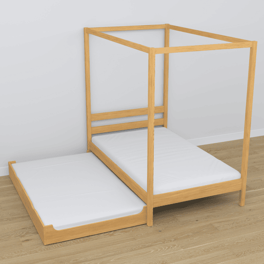 Cama individual de madeira com dossel e gaveta para colchão extra N01 pinho natural
