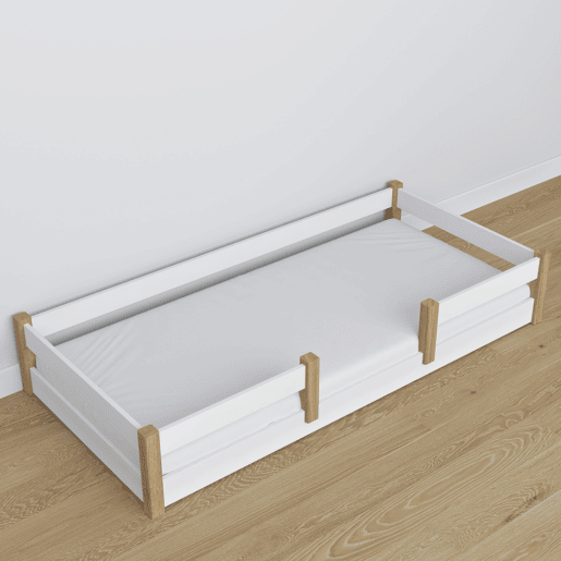 Cama baixa de madeira N01 branco e carvalho