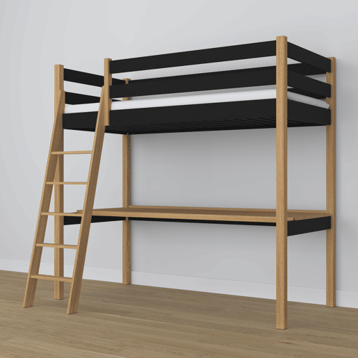 Cama alta de madeira com secretária N03 preto e carvalho
